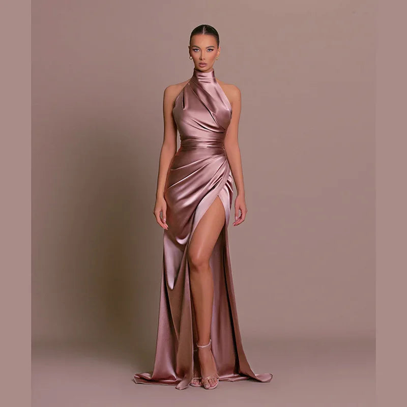 SABINE | Retro Satin Halter High Slit Maxi Dress