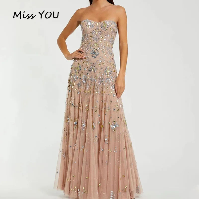 AURELLE | Champagne Sparkly Beaded Strapless Tulle Evening Gown with Crystal Zipper