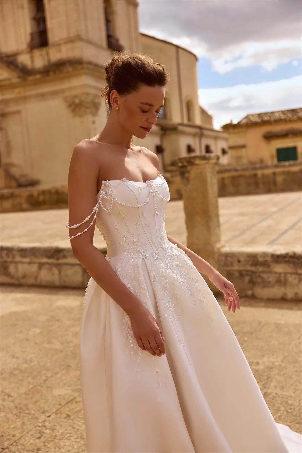 AMABELLE | Strapless Beaded Corset Satin Ball Gown Couture Wedding Dress
