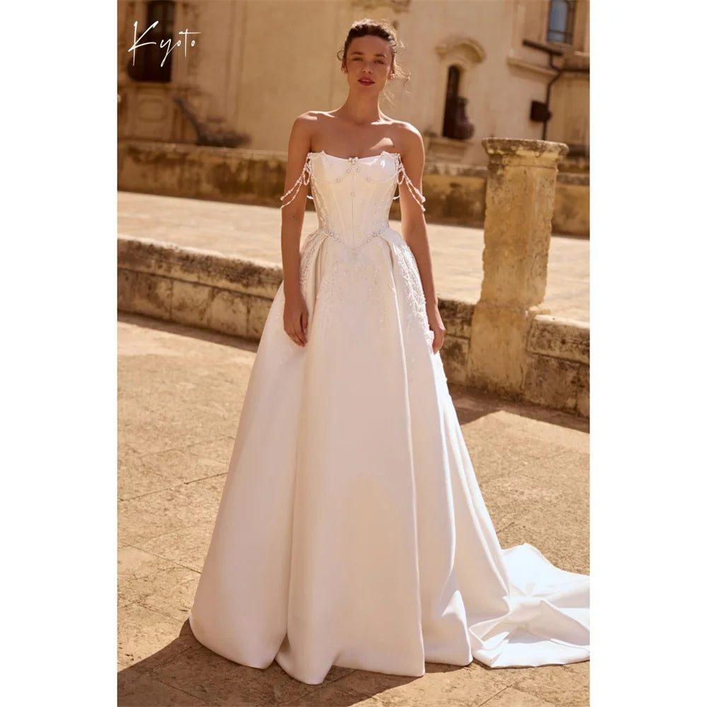 AMABELLE | Strapless Beaded Corset Satin Ball Gown Couture Wedding Dress