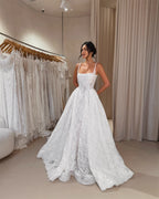 REBECCA | Elegant Spaghetti Strap White Lace A-Line Wedding Dress Bridal Gown