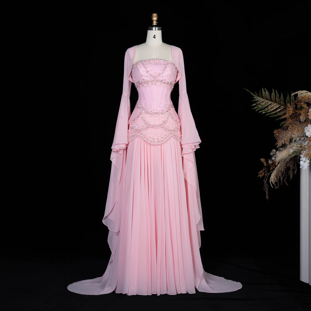 SERAPHINA | Hand-Beaded Corset Draped-Sleeve Chiffon Evening Gown
