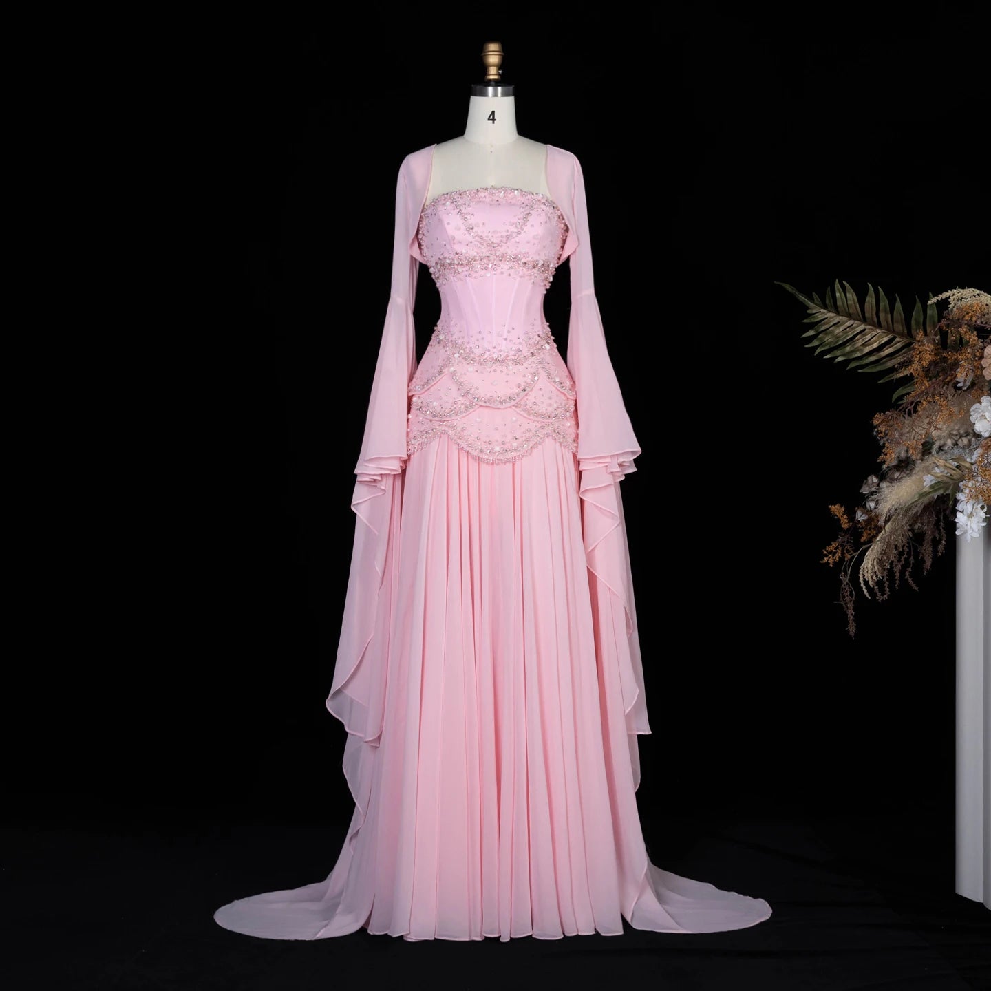 SERAPHINA | Hand-Beaded Corset Draped-Sleeve Chiffon Evening Gown