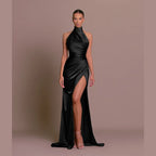 SABINE | Retro Satin Halter High Slit Maxi Dress
