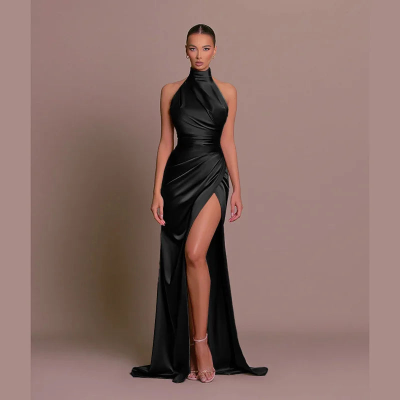 SABINE | Retro Satin Halter High Slit Maxi Dress
