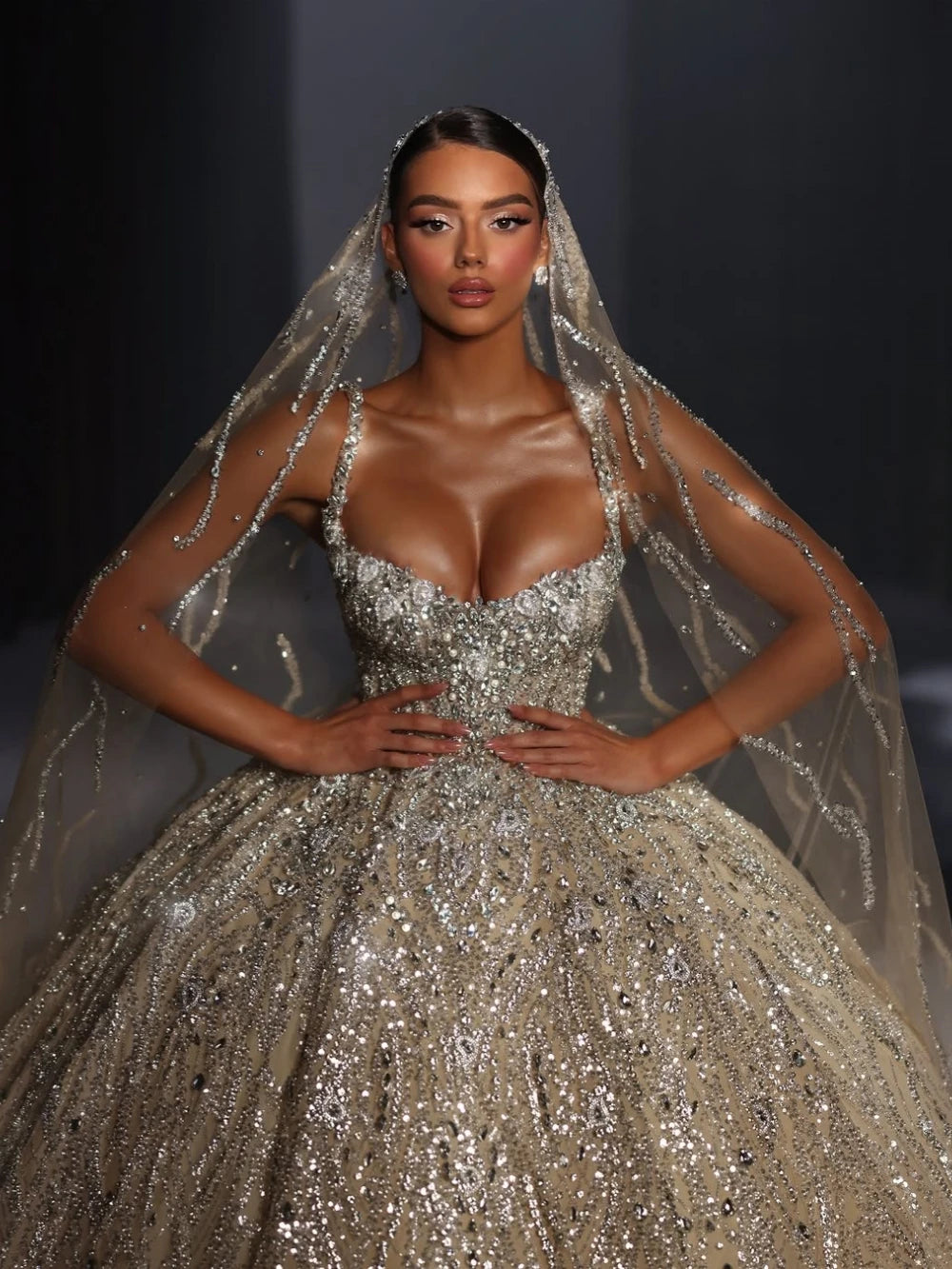 CELESTIA | Sparkly Beaded Rhinestone V-Neck Spaghetti Strap Wedding Dress Bridal Gown