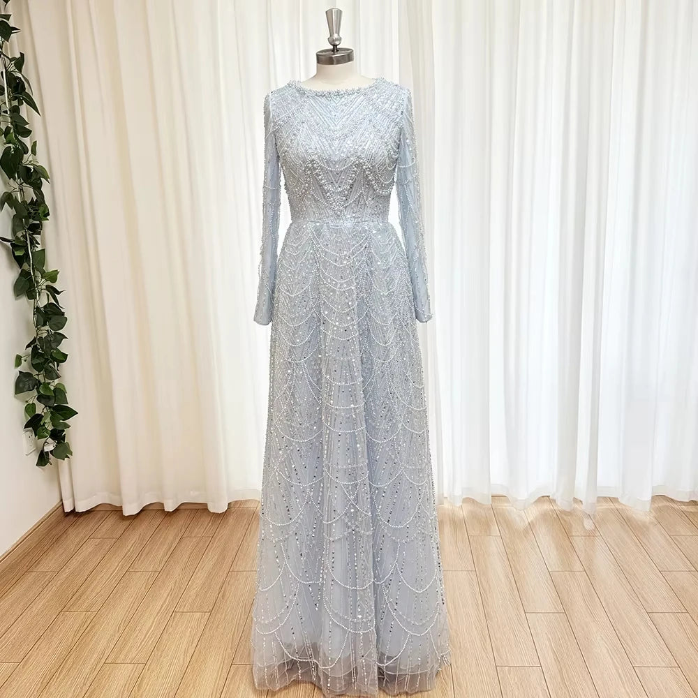 MINA | Luxury Beaded Sequin Long Sleeve Evening Gown with Round Neck