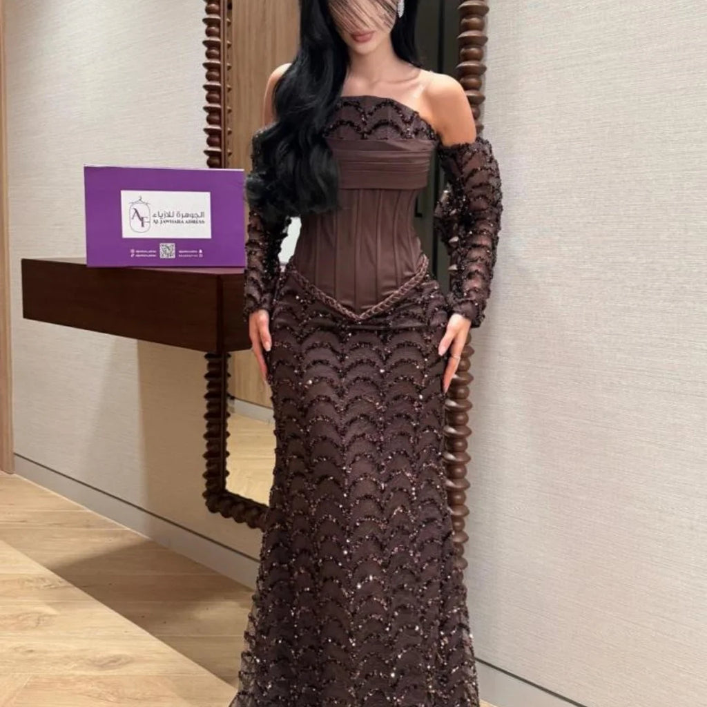 ISOLDE | Dark Brown Strapless Sequin Mermaid Prom Dress with Detachable Lace Sleeves