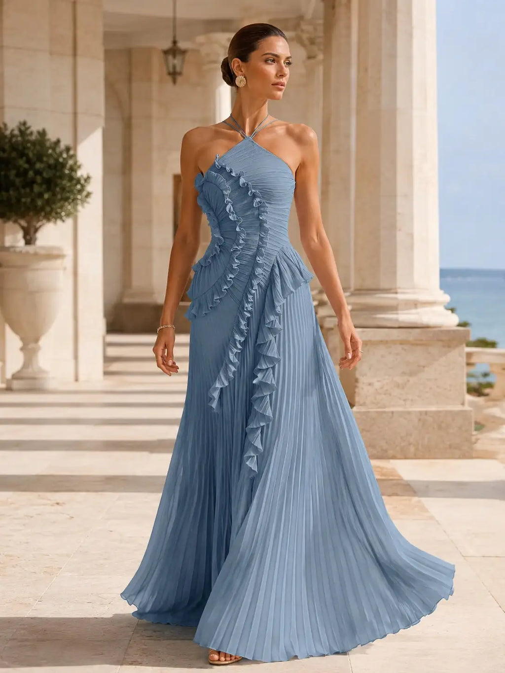 VIOLETTA | Chiffon One Shoulder Ruffle Maxi Dress