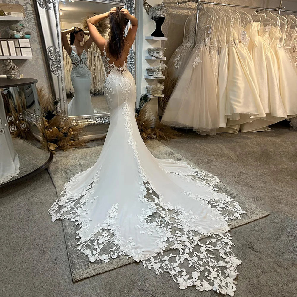 VALENTINA | Spaghetti Strap V-Neck See-Through Appliqué Open Back Mermaid Wedding Dress
