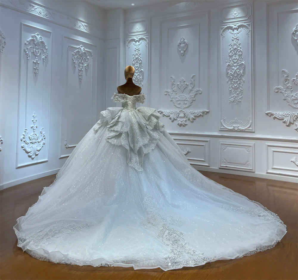 Customized Off The Shoulder Sleeves Beading Wedding Dress