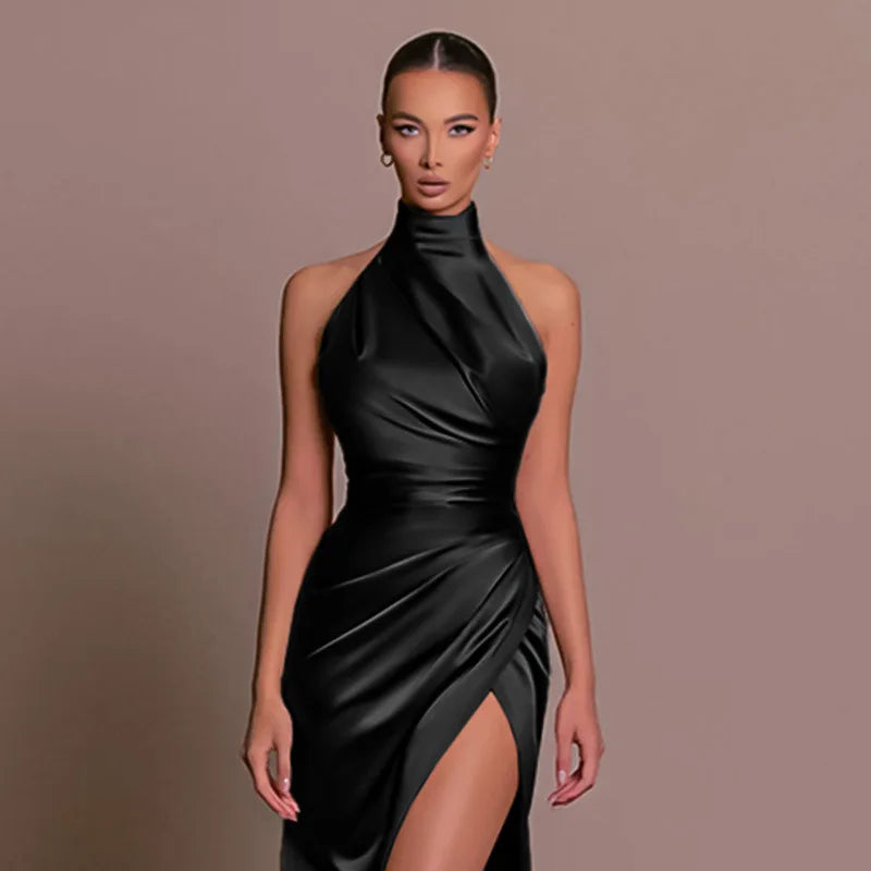 SABINE | Retro Satin Halter High Slit Maxi Dress
