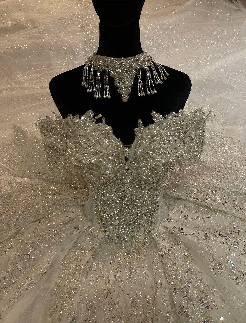Customized Off The Shoulder Sleeves Beading Wedding Dress