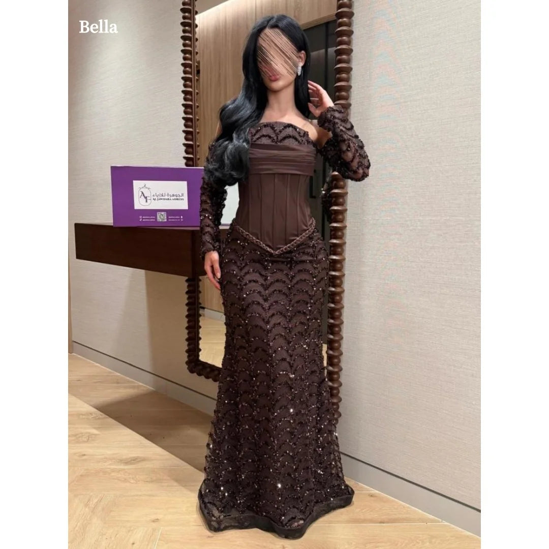 ISOLDE | Dark Brown Strapless Sequin Mermaid Prom Dress with Detachable Lace Sleeves