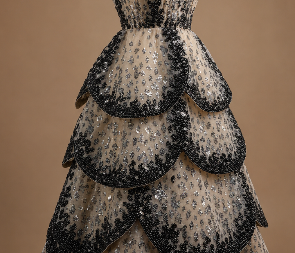OPHELIA | Champagne & Black Sequin Tiered Ball Gown