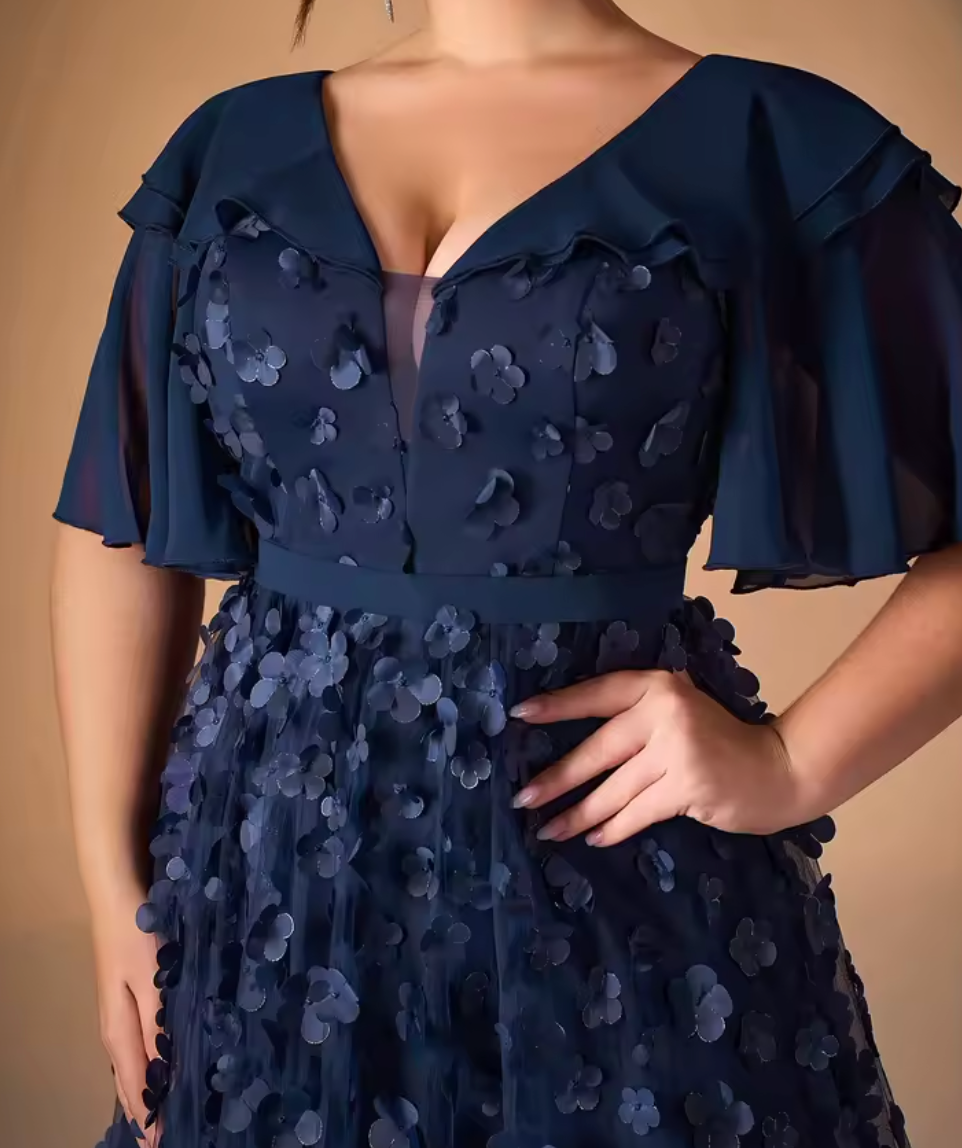 AMARIS | 3D Floral Flutter Sleeve Plus Size A-Line Evening Gown