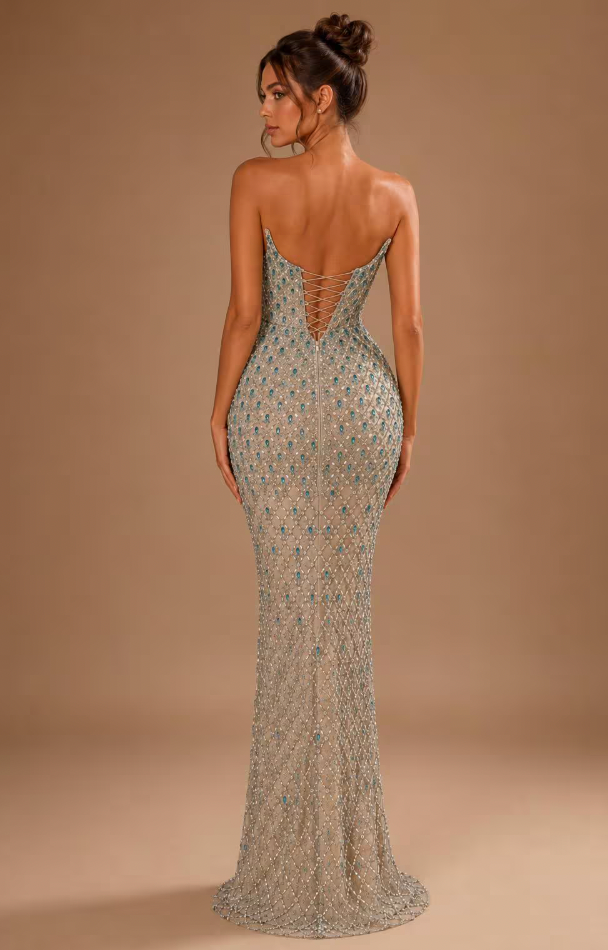 AZURELLE | Turquoise Crystal Beaded Sheer Mermaid Evening Gown