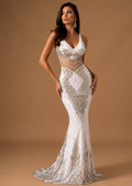 SELENE | White and Silver Sequin Illusion-Waist Mermaid Evening Gown