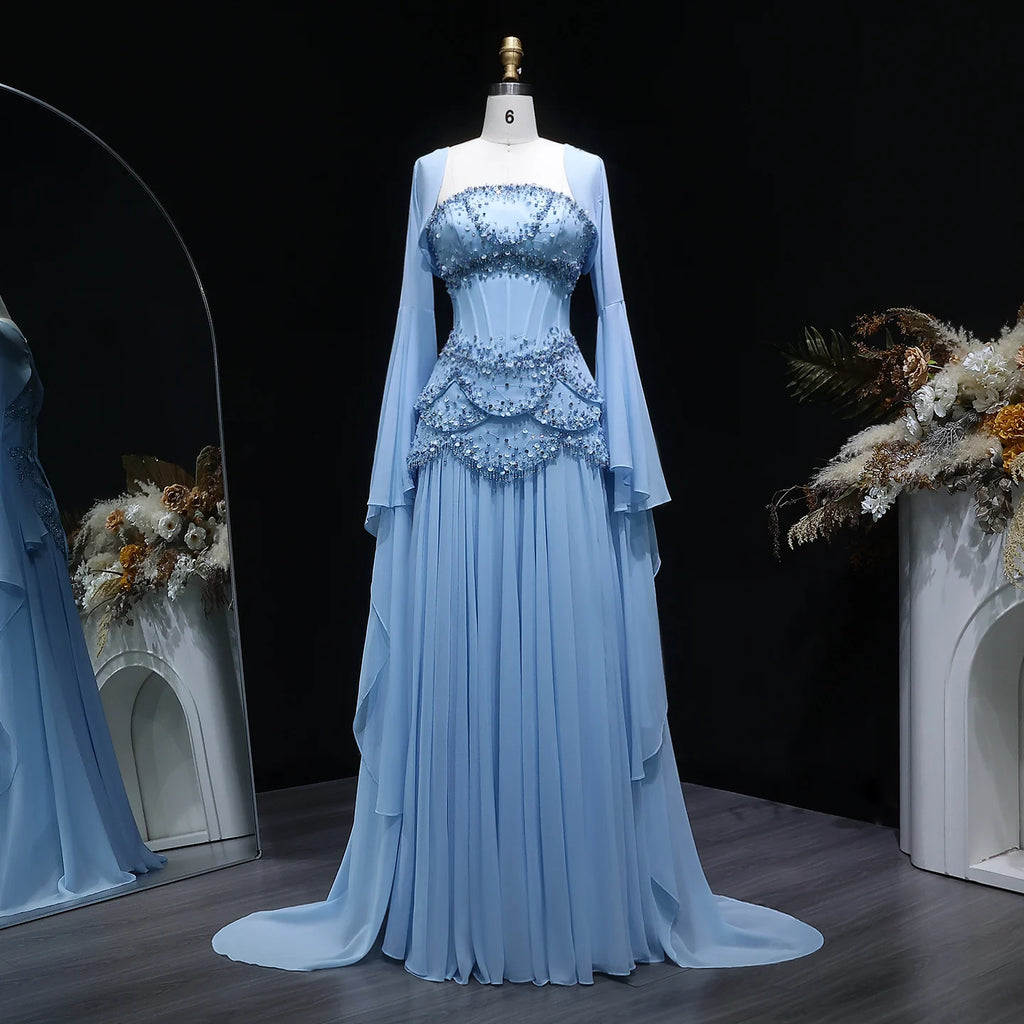 SERAPHINA | Hand-Beaded Corset Draped-Sleeve Chiffon Evening Gown