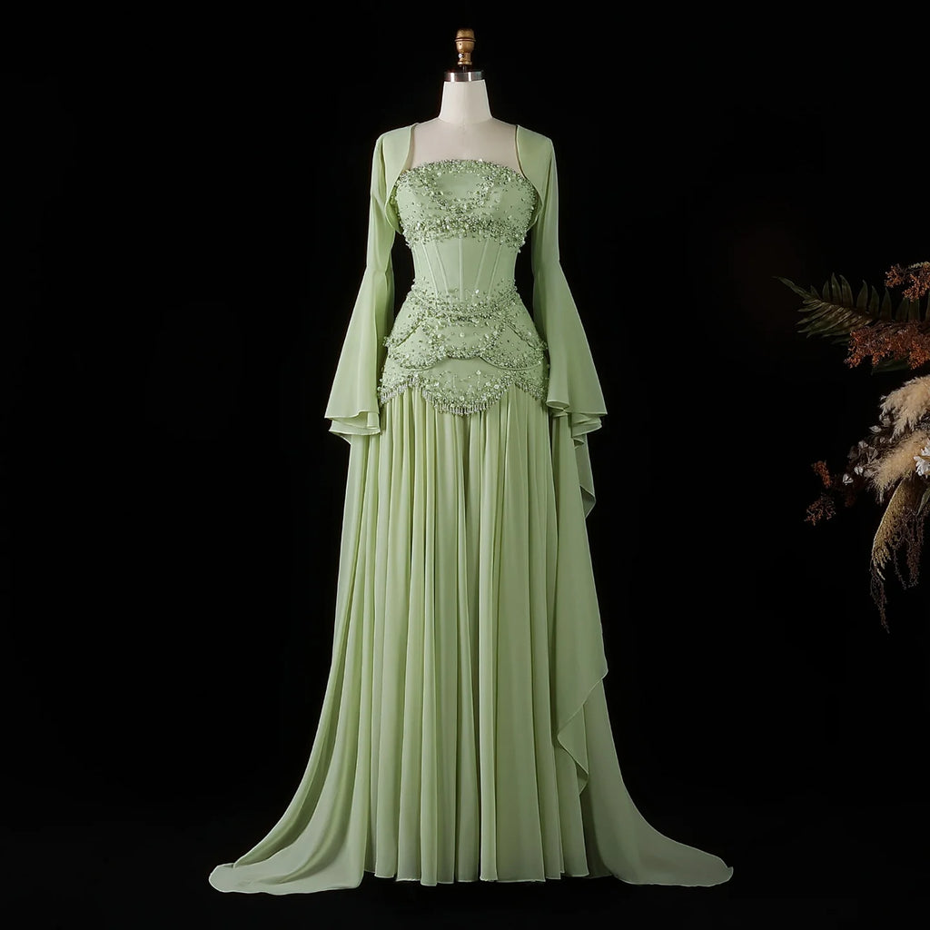 SERAPHINA | Hand-Beaded Corset Draped-Sleeve Chiffon Evening Gown