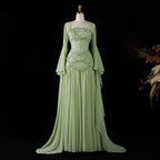 SERAPHINA | Hand-Beaded Corset Draped-Sleeve Chiffon Evening Gown