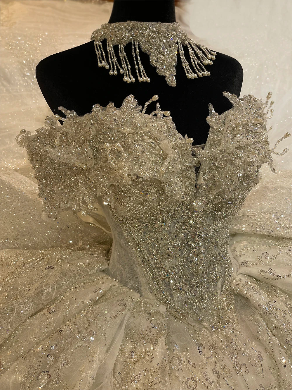 Customized Off The Shoulder Sleeves Beading Wedding Dress