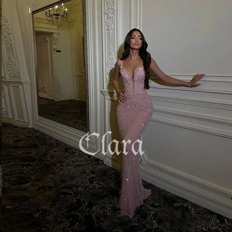 CLARA | Pink Sequin Mermaid Evening Gown with Spaghetti Straps