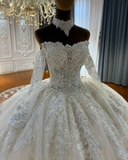 ISADORA | Ivory Off-Shoulder Lace Corset Ball Gown Wedding Dress with Cathedral Train