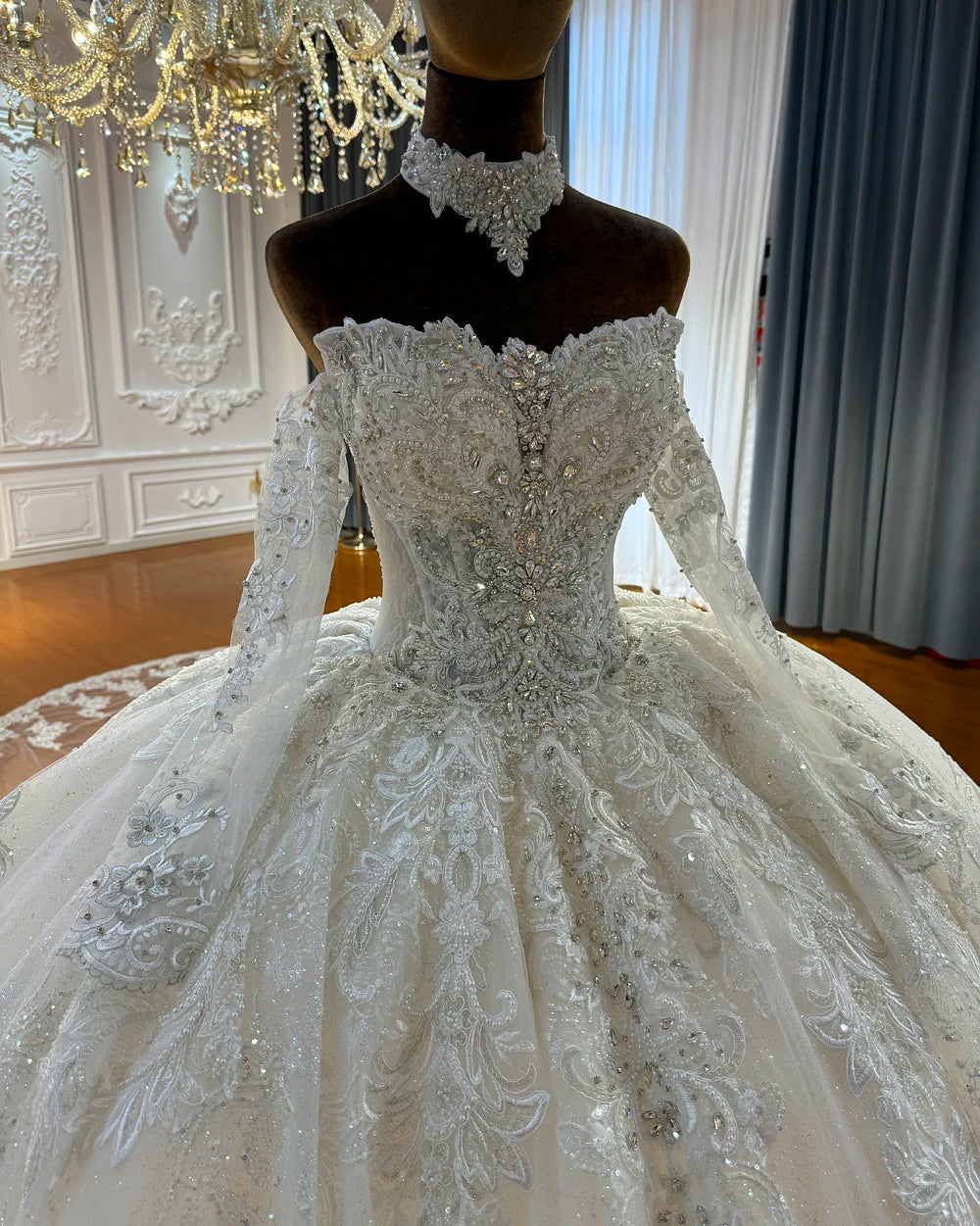 ISADORA | Ivory Off-Shoulder Lace Corset Ball Gown Wedding Dress with Cathedral Train