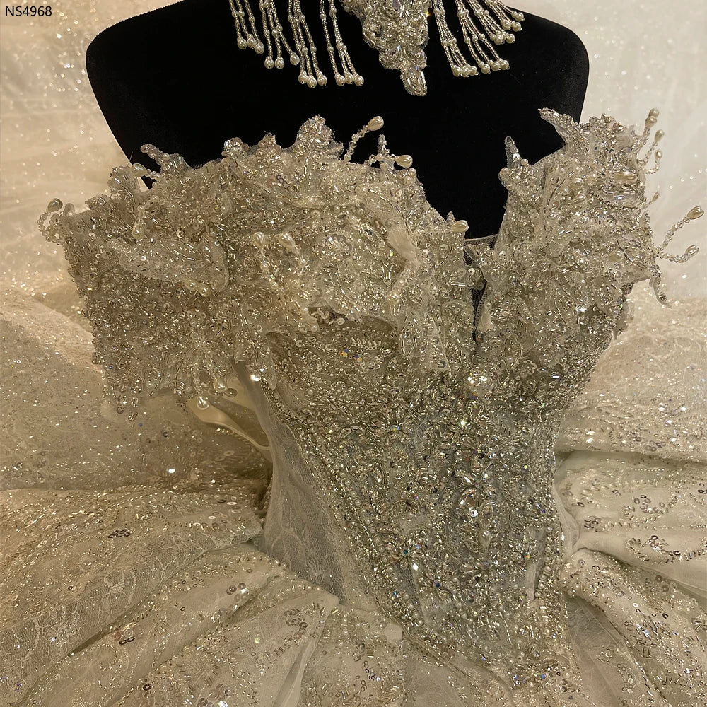 Customized Off The Shoulder Sleeves Beading Wedding Dress
