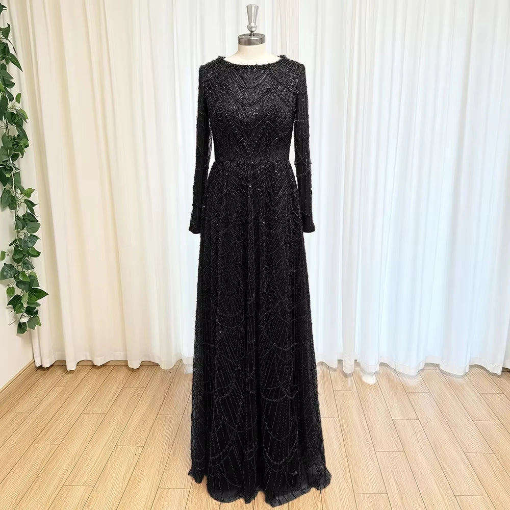 MINA | Luxury Beaded Sequin Long Sleeve Evening Gown with Round Neck