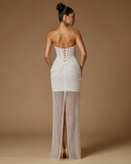 VIRELLE | Pearl-Draped Strapless Sheer Column Evening Gown