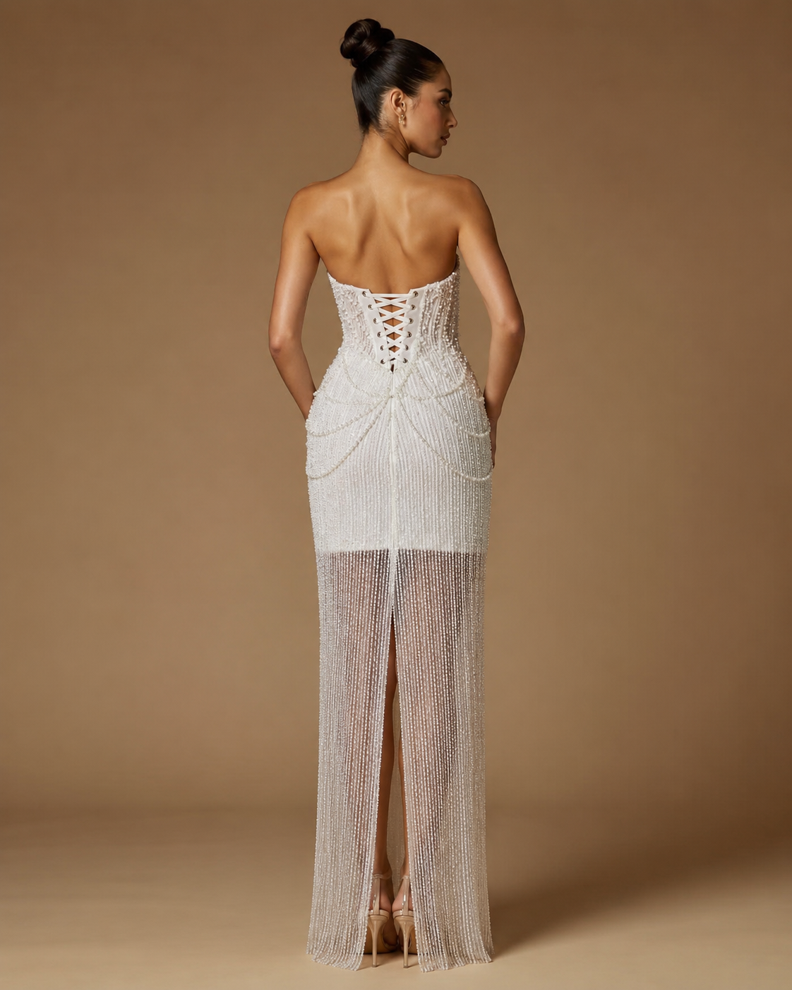 VIRELLE | Pearl-Draped Strapless Sheer Column Evening Gown