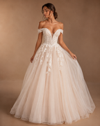EVELISSE | Off-the-Shoulder Blush Pink Lace Corset Ball Gown Wedding Dress
