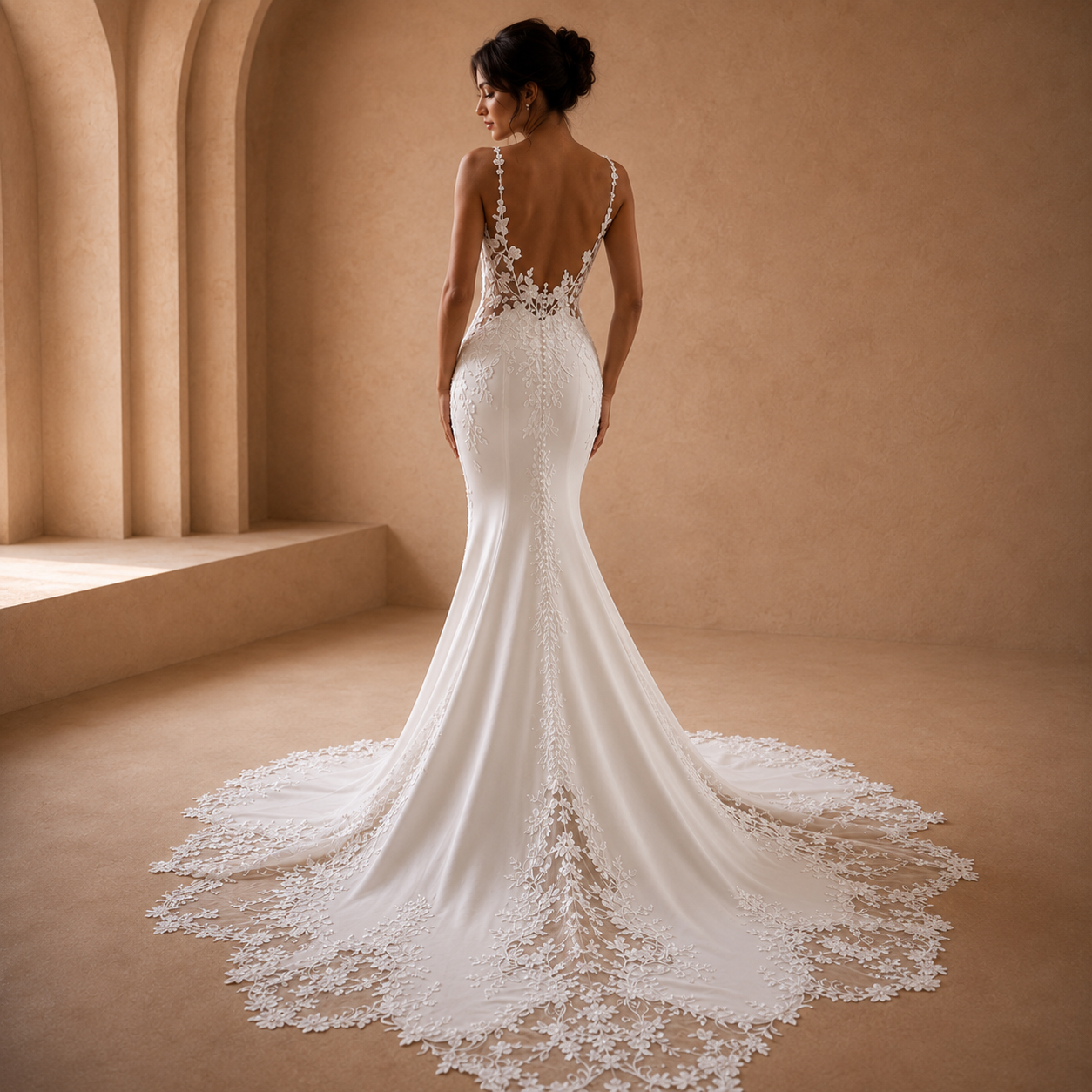 VALENTINA | Spaghetti Strap V-Neck See-Through Appliqué Open Back Mermaid Wedding Dress