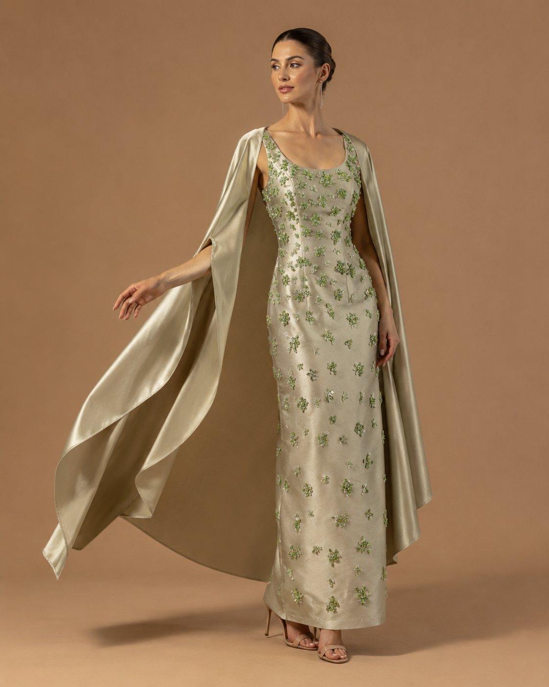 VERDESSA | Crystal Floral Embellished Column Gown with Draped Cape