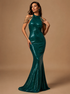 SERENZA | Sequin Halter Cold-Shoulder Beaded Mermaid Formal Evening Gown