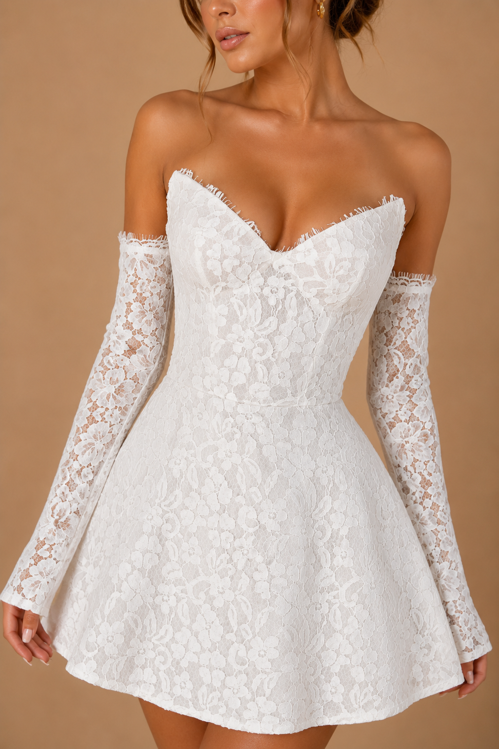 EVANTHIA | Off-the-Shoulder Lace Corset Mini Dress with Detachable Sleeves