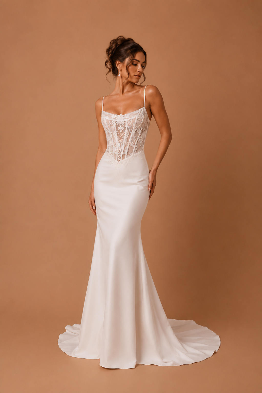 ELARA | Spaghetti Strap Lace Corset Mermaid Wedding Gown with Sheer Back and Chapel Train