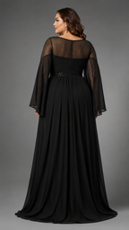 SERENITY | Sheer Embellished Cape Sleeve Plus Size A-Line Evening Gown