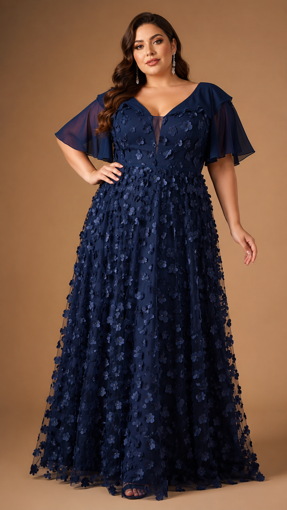 AMARIS | 3D Floral Flutter Sleeve Plus Size A-Line Evening Gown