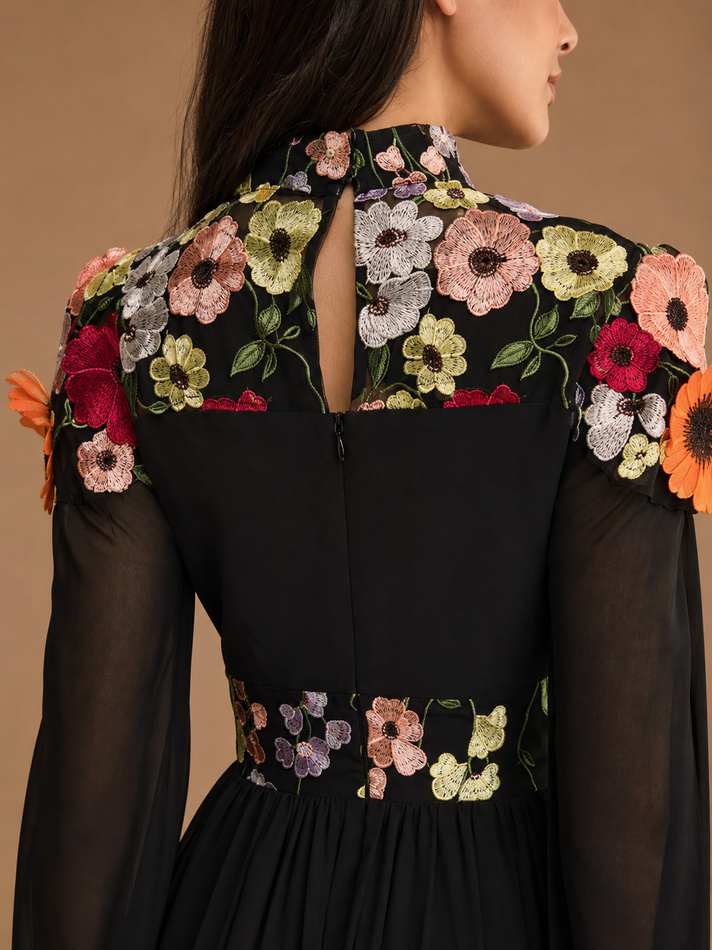 ZAFIRA | Black Floral Embroidered Cape-Sleeve A-Line Evening Gown