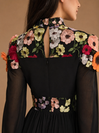ZAFIRA | Black Floral Embroidered Cape-Sleeve A-Line Evening Gown