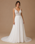 ELYSARA | Plunging V-Neck Lace A-Line Wedding Gown with Illusion Bodice and Chapel Train