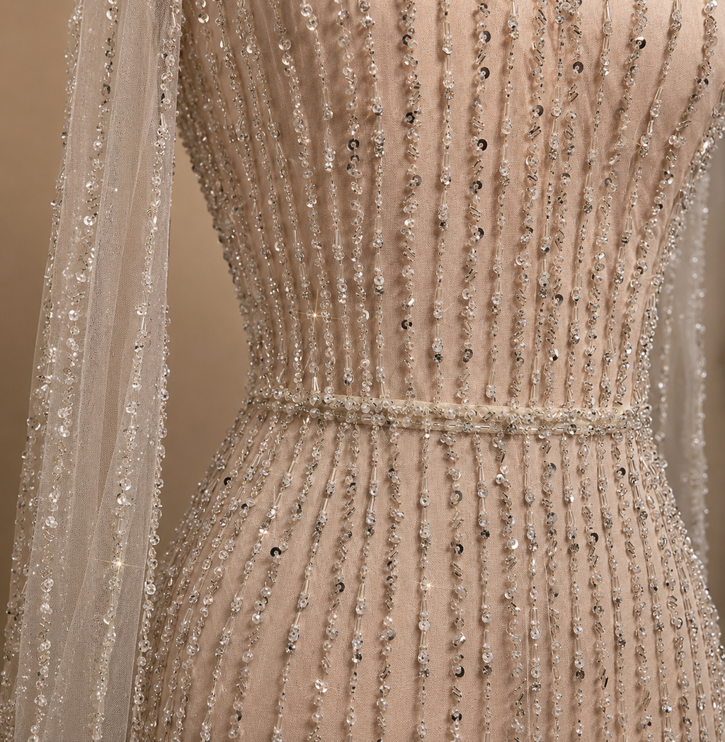 ZARELLE | Beaded Illusion Long Sleeve Ruffle Mermaid Evening Gown