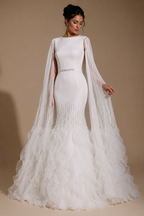 ELARA | Beaded Cape Sleeve Ruffle Train Evening Gown