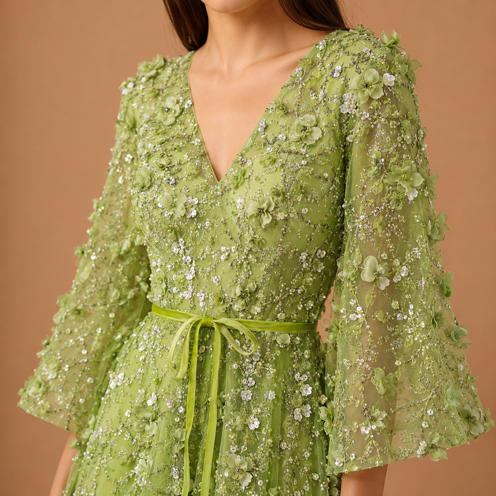 ELARAINE | 3D Floral Beaded V-Neck Bell Sleeve A-Line Formal Gown