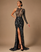 VALERIA | Black Silver Sequin One-Sleeve Mermaid Evening Gown