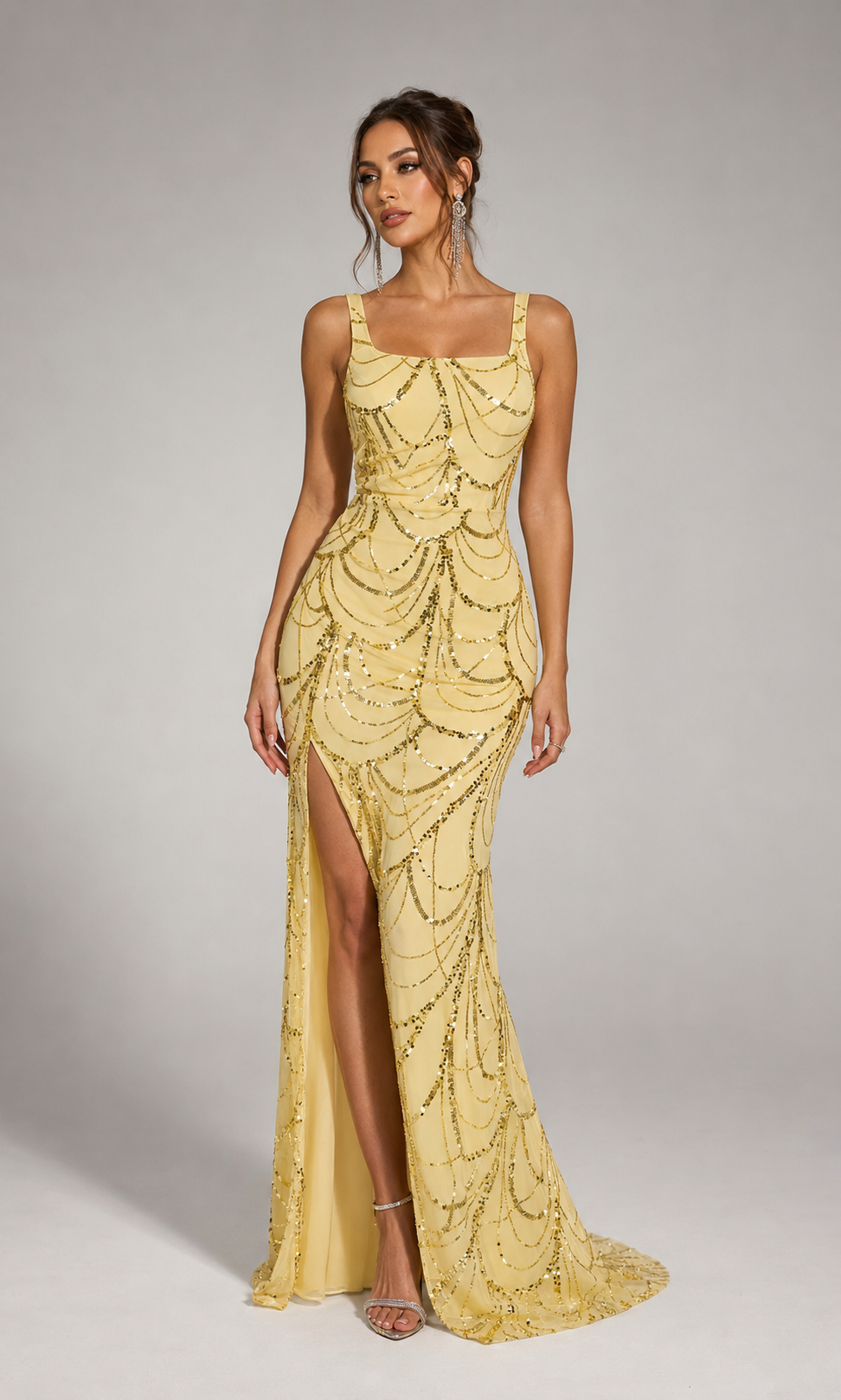 SORELLE | Yellow Gold Sequin Beaded Slit Evening Gown