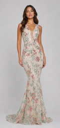 ROSALIND | Blush Floral Sequin Deep V Mermaid Evening Gown